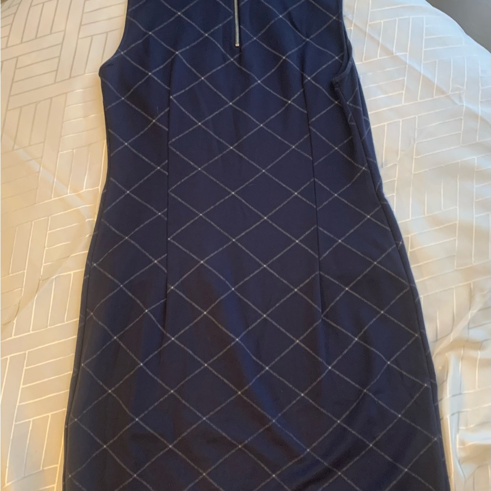 Sharagano Navy Blue Diamond Pattern Midi Dress work flattering tailored print
